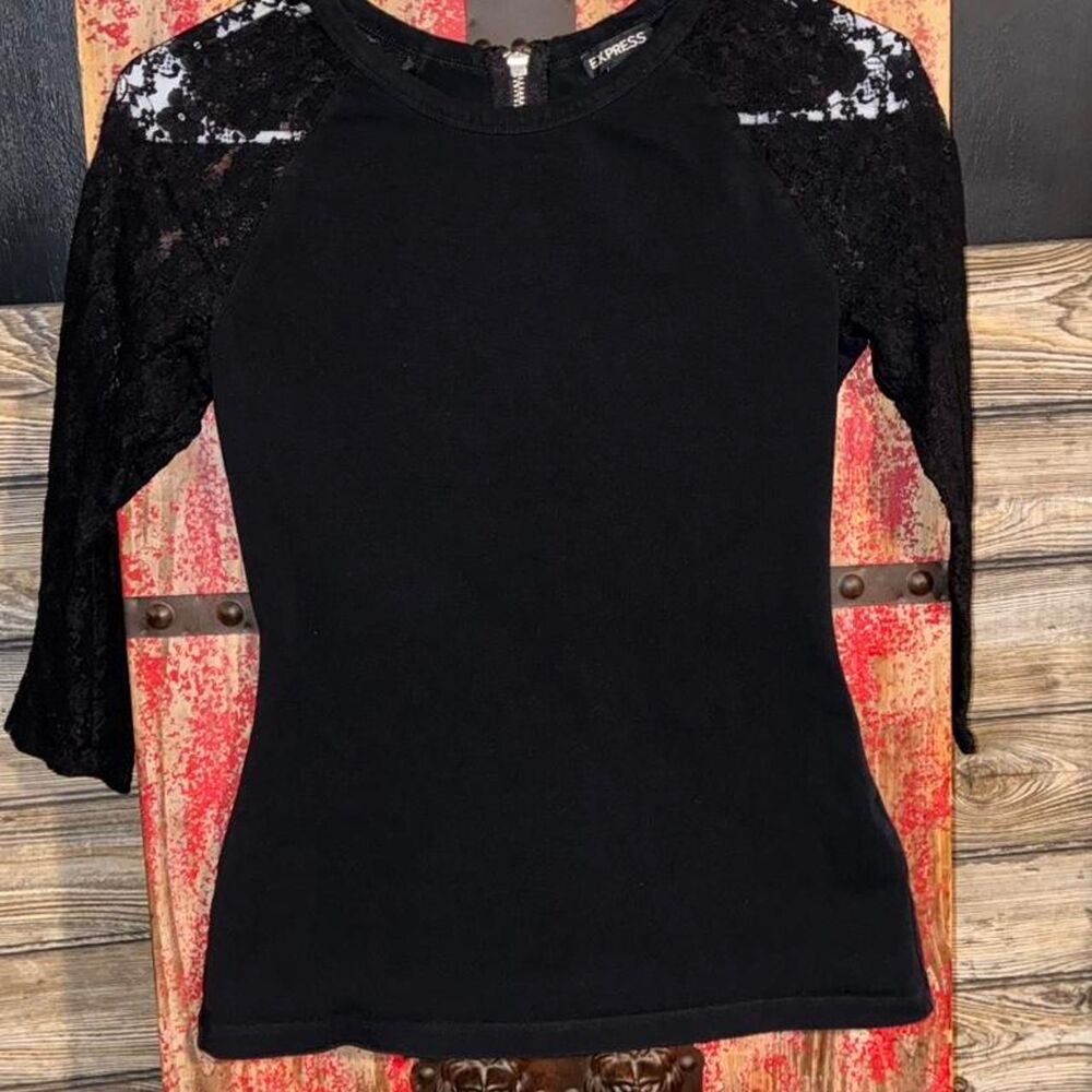 Express Black Lace Raglan Sleeve Top Size S Zipper Back Fitted Knit Blouse